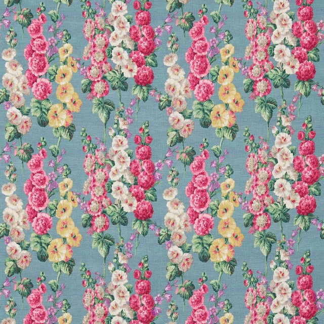 Sanderson Hollyhocks Fabric in Petrol Blue/Multi - a Sample For Sale