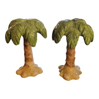 Vintage Ceramic Tropical Palm Tree Taper Candle Holders- A Pair For Sale