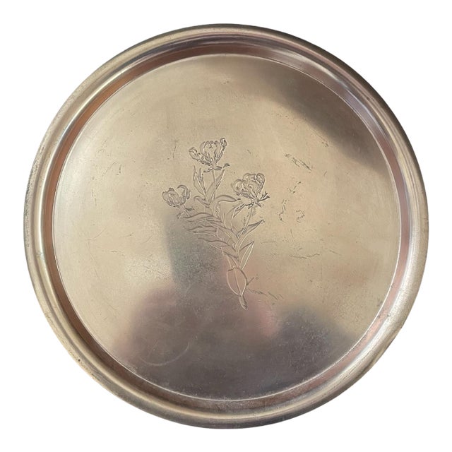 Vintage Mid-Century Etched Floral Copper Serving Tray 11" For Sale