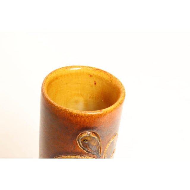 Vintage Studio Pottery Sunburst and Botanical Motif Matte Amber Glazed Vase For Sale - Image 17 of 18