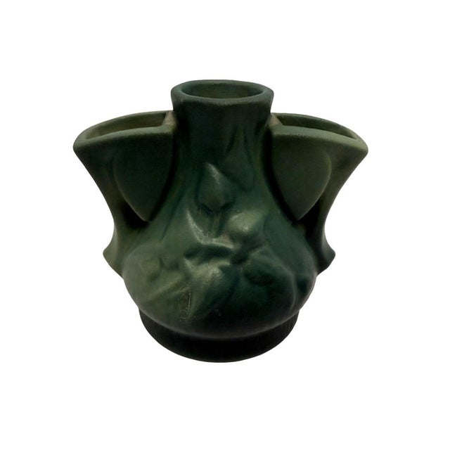 Art Deco Vintage Roseville Pottery Clematis Flower Frog (Shape 50) Green Glaze 1944 E-4. For Sale - Image 3 of 6