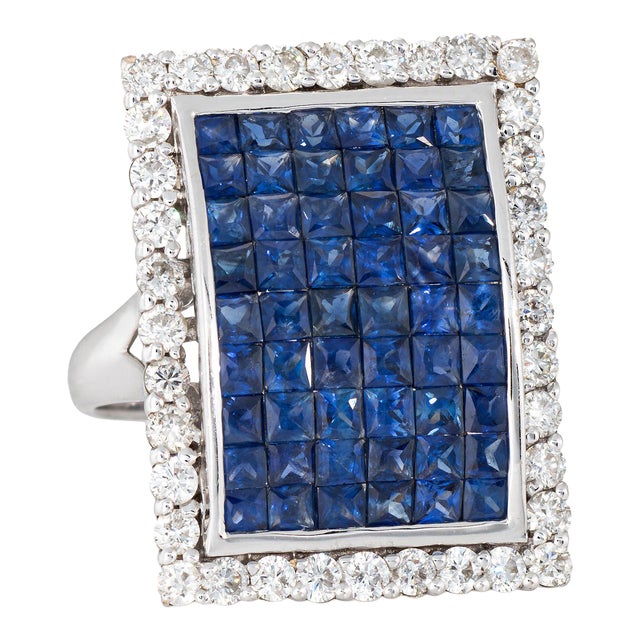 Invisible Set Sapphire Diamond Ring Large Square Cocktail 18k White Gold Sz 8 For Sale
