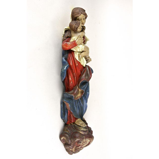 Red Antique Polychrome Virgin and Child Wall Sculpture, 1760 For Sale - Image 8 of 18