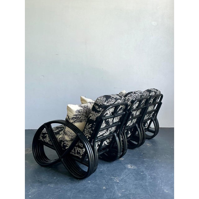 Vintage Black Rattan Sofa in Quadrille “Royal Journey” For Sale - Image 9 of 18