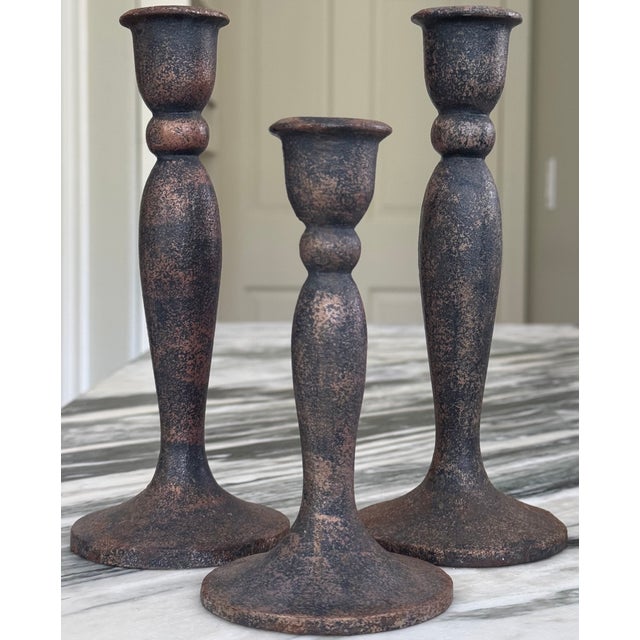 Spanish Revival Vintage Metal Candle Stick Holders - Set of 3 For Sale In Seattle - Image 6 of 15