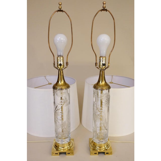 1960s Matched Pair Large Dresden Hollywood Regency Cut Crystal Glass Brass Column Table Lamps - a Pair For Sale - Image 13 of 15