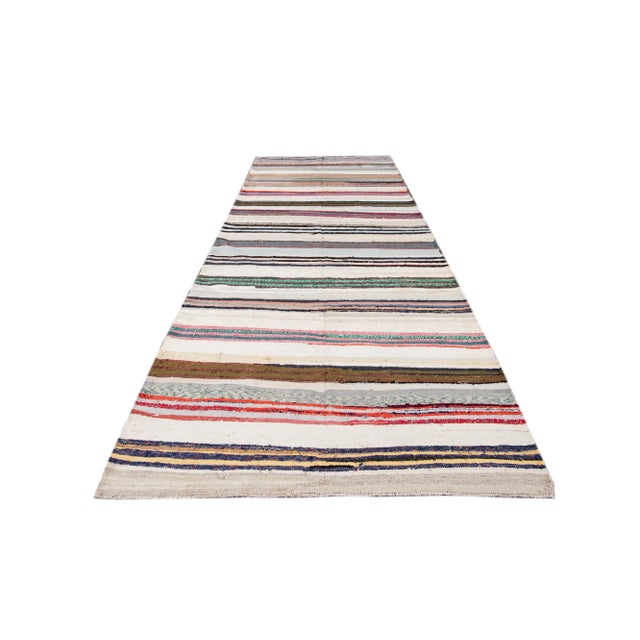 Vintage Kilim Wool Handmade Ivory Stripes Wool Runner For Sale - Image 11 of 13