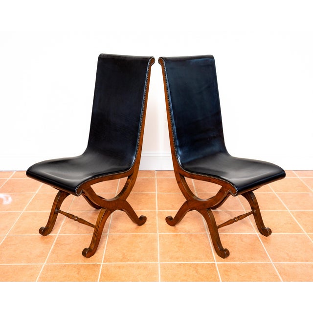 Mid-Century Neo-Classical Spanish Oak and Black Leather Dining Chairs by Pierre Lottier for Valmazan, 1960s, Set of 2 For Sale - Image 15 of 18
