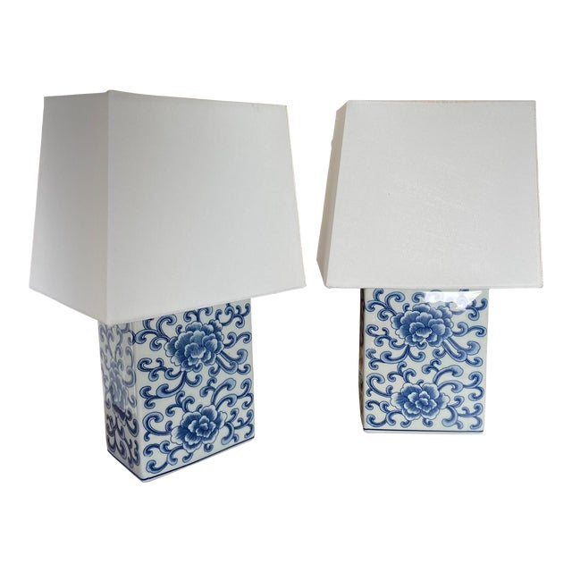 Petite Ralph Lauren Blue and White Chinoiserie Square Lamps, a Pair For Sale