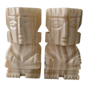 Vintage Onyx Aztec Mesoamerican-Inspired Hand-Carved Figures Bookends - a Pair