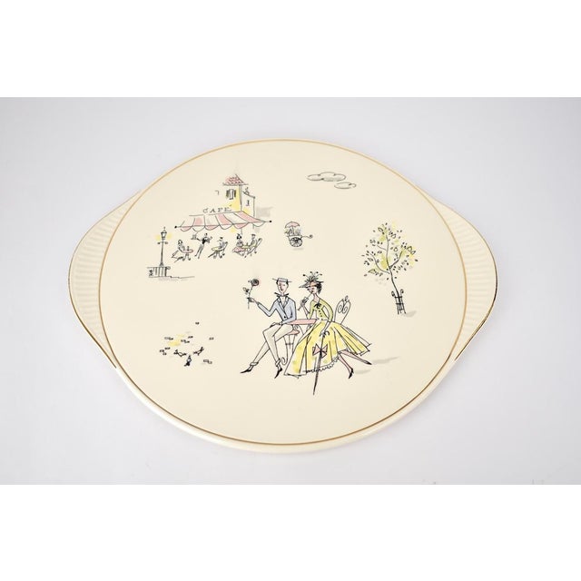 White Mid Century Grünstadt Germany Pottery Ceramic Cake Plate "Café de Paris" Vintage 1950s Platter Creme Off white Ivory Gold Rim | French For Sale - Image 8 of 12