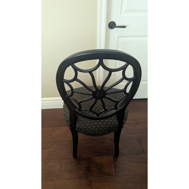 Mid-Century Modern Mid 20th Century Italian / Regency Black Wood Fabric Wheelback Dining Chair For Sale - Image 3 of 9