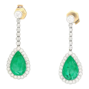 Vintage Agl Certified 10 Carat Colombian Emerald Pear Cut Drop Platinum Earrings - 2 Pieces