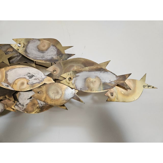 Metal Vintage Signed "C Jere' 68" Brutalist Brass "School of Fish" Wall Sculpture For Sale - Image 7 of 7
