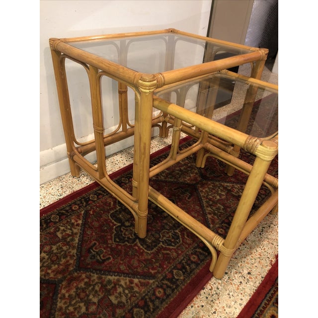 Mid-Century Modern Vintage MCM Boho Rattan Bamboo Glass Wicker Nesting Tables For Sale - Image 3 of 4
