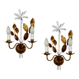 Gilt Floral Wall Lights attributed to Maison Bagues, France 1950s, Set of 2 For Sale