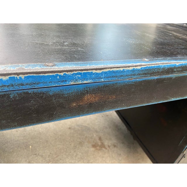 Restoration Hardware 1900’s French Industrial Metal Tool Chest Desk With Patina For Sale - Image 9 of 12