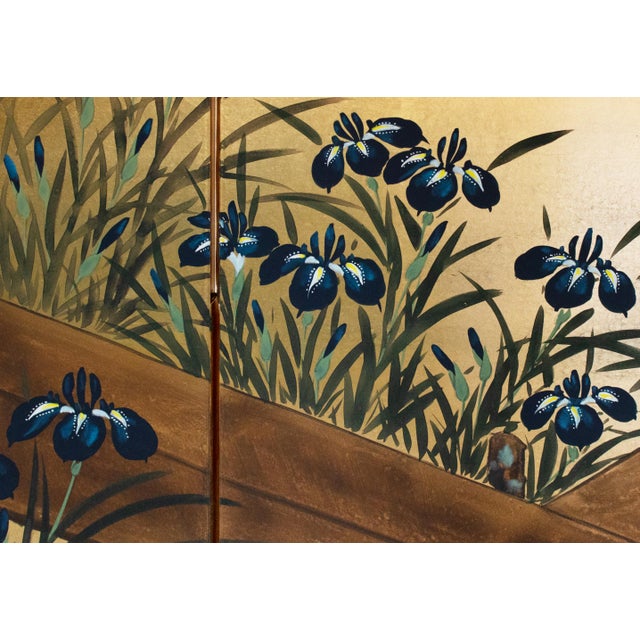 "Rinpa Iris Yatsuhashi" by Taizan, Heisei Era Japanese Painted Byobu Screen For Sale - Image 9 of 18