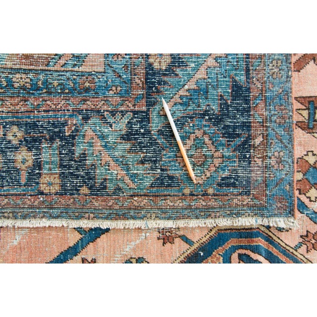 Antique Coral Navy Distressed Geometric Design Large Wool Pile Hand Knotted Rug - 7'6" X 11’3” For Sale - Image 10 of 10