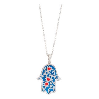 Sterling Silver Blue & Red Enamel Hamsa Hand Necklace For Sale