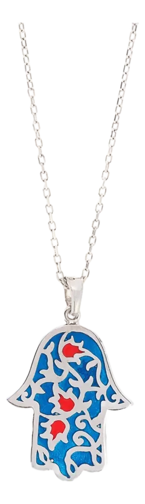 Sterling Silver Blue & Red Enamel Hamsa Hand Necklace