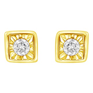 10K Yellow Gold Plated .925 Sterling Silver 1/10 Cttw Miracle-Set Diamond Square Stud Earrings (K-L Color, I2-I3 Clarity) For Sale