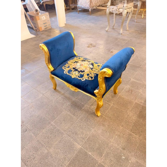 French Vintage Mini Velvet Royal blue Stool For Sale - Image 3 of 5