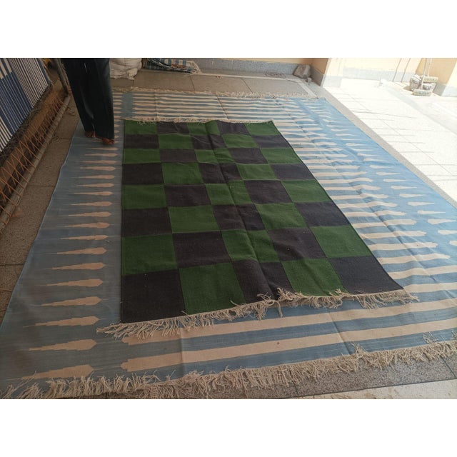 Forest Green Handmade Woolen Flat Weave Rug, Forest Green and Greyish Blue Checker Board Dhurrie - 5'x8' For Sale - Image 8 of 12