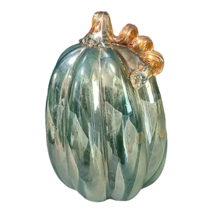 Late 20th Century Art Glass Hand Blown Teal Blue & Gold Iridescent Decorative Pumpkin