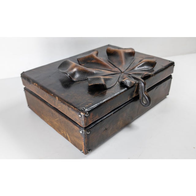 Modern Mid-Century Folk Art Patchwork Leather Box With Gingko Leaf Design For Sale - Image 3 of 12