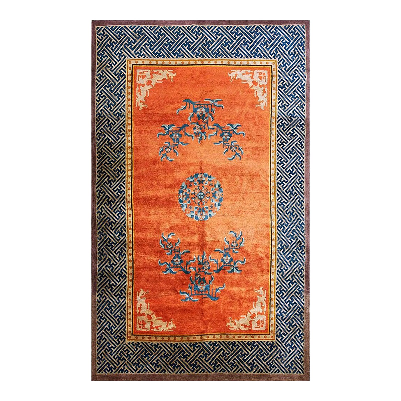 Highly Artistic Rare Orange Background and Blue Border Antique Chinese ...