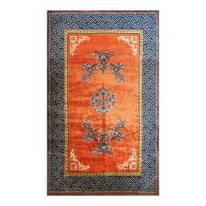 Highly Artistic Rare Orange Background and Blue Border Antique Chinese Rug