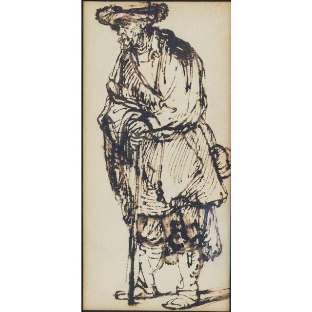 After Rembrandt, Old Man with Staff, Pen Drawing, 19th Century For Sale - Image 3 of 5