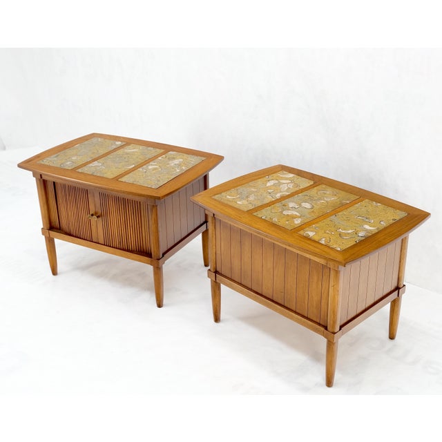 Pair Tomlinson Tambour Door Fossil Marble Top Side End Night Stands Tables Mint! For Sale - Image 6 of 14