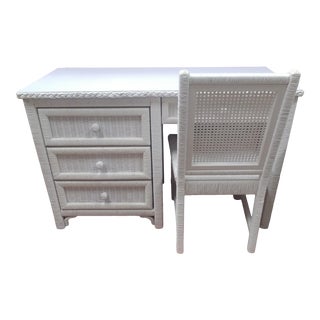1960s Vintage Henry Link White Wicker Desk & Chair For Sale
