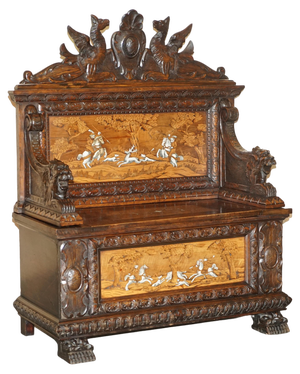 Antique Italian Carved Lion Griffon Bench with Storage, 1860s