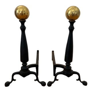 Vintage American Midcentury Cast-Iron and Brass Cannonball Andirons For Sale
