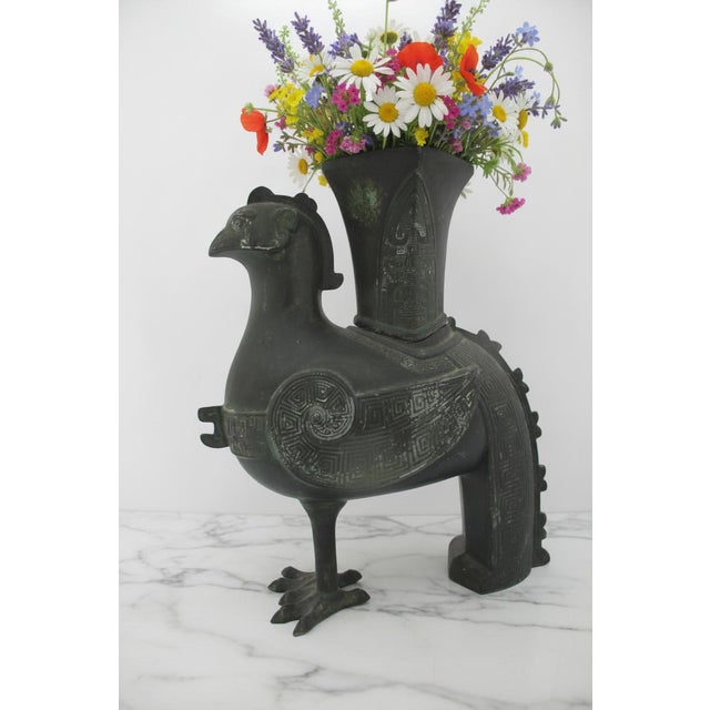 Early 20th Century Chinese Phoenix Rooster Zun Shang Style Bronze Ware Ceremonial Wine Vessel Vase For Sale - Image 5 of 18