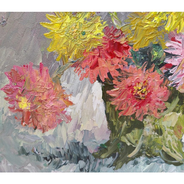 Vintage Impressionist Impasto Dahlias in Vase Floral Still Life Acrylic Painting 17x13 For Sale - Image 4 of 6