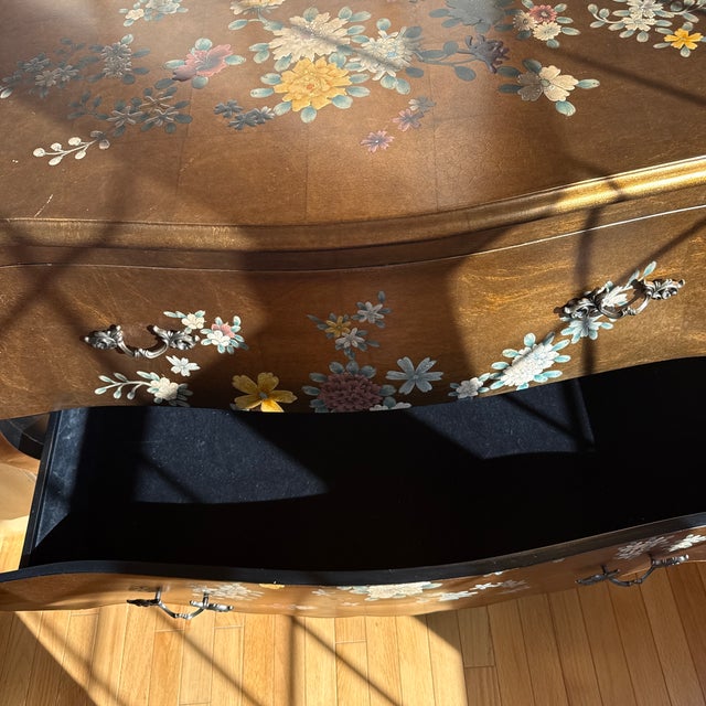 Wood 1990s Louis XV-style Hand Painted Gold Lea-Leaf and Floral Bombe Commode,with Cabriole Legs & a Scalloped Apron For Sale - Image 7 of 8