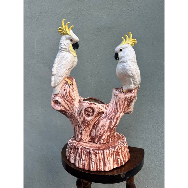 1970s Vintage Italian Majolica Ceramic Cockatoo Planter on a Branch Stump For Sale - Image 5 of 9