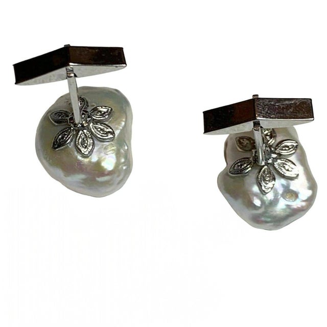 2010s Diamond Fresh Water Pearl Cufflinks 14k Gold 0.45 TCW Designer Certified, Pair For Sale - Image 5 of 14