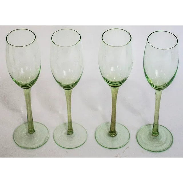 Set of 4 vintage Tiffin champagne glasses. Tall & elegant measuring 9" high x 1 5/8" opening, base 2 5/8" diameter