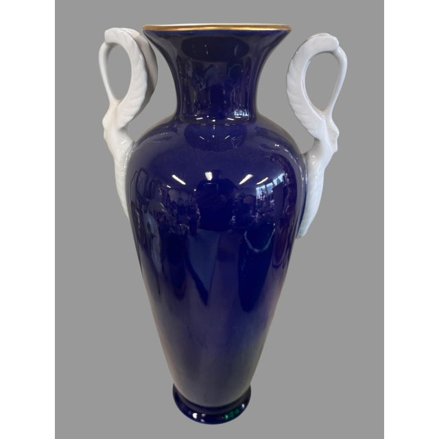 Haas & Cajzek Cobalt Blue Vase Large Czech Porcelain Swan Urn Vintage 14.5" Tall For Sale - Image 9 of 10
