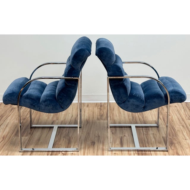 Chrome Vintage Newly Upholstered Blue Velvet Chrome Sling Chairs, a Pair For Sale - Image 8 of 18