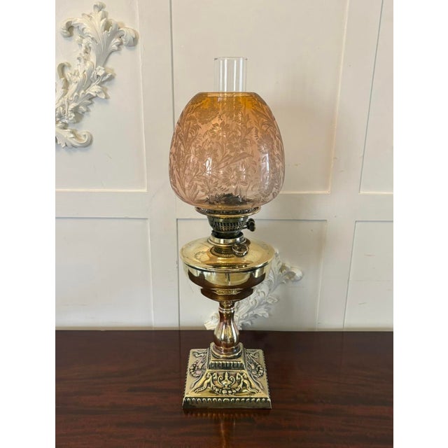 Antique Victorian Brass Oil Lamp with Etched Amber Glass Shade, 1880 For Sale - Image 9 of 9