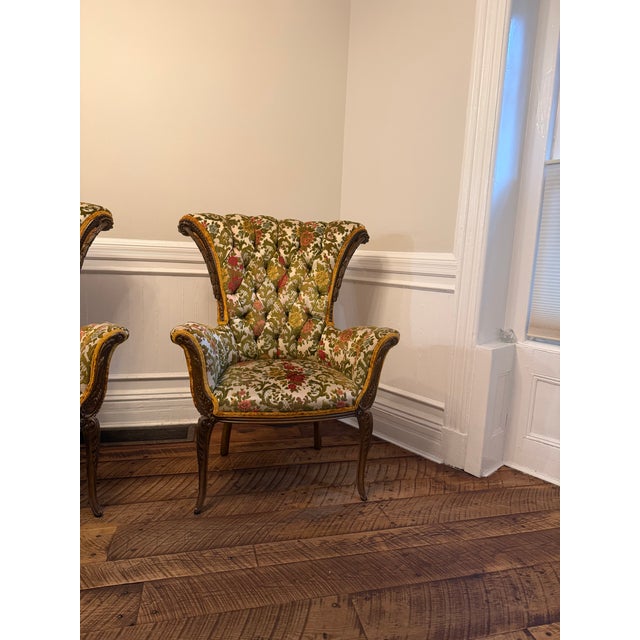 Pair of Vintage French Provincial Two-Tone Velvet and Tapestry Wingback Bergère Chairs For Sale - Image 4 of 7