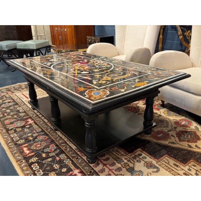 Transitional Vintage Italian Pietra Dura Inlaid Coffee Table on Lacquered Base For Sale - Image 3 of 6