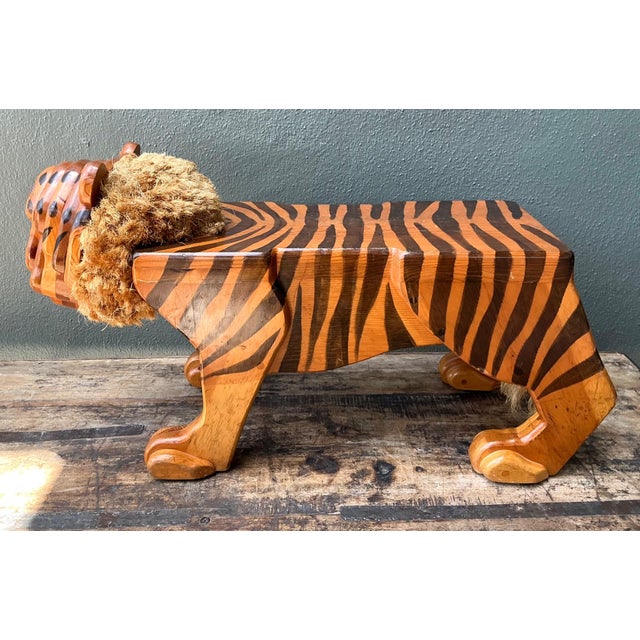 Wood Vintage Handcrafted Wood and Jute Tiger Stool For Sale - Image 7 of 16