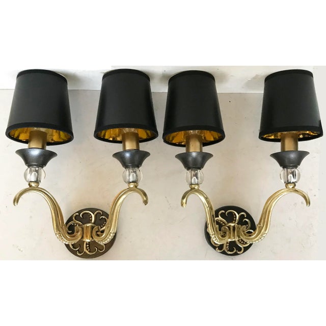 1950s Maison Jansen Gold Metal with Black Shades Sconces - A Pair For Sale In Miami - Image 6 of 6